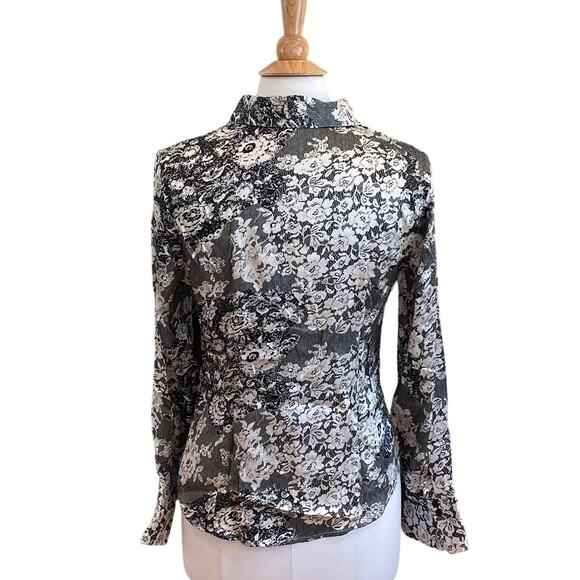 apt. 9 Silk Floral Long Sleeve Button Down Blouse, Black, White, Wide Cuff, S-M - Picture 4 of 12